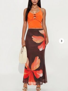 Fashion Nova brown Maxi Skirt with orange Floral Print